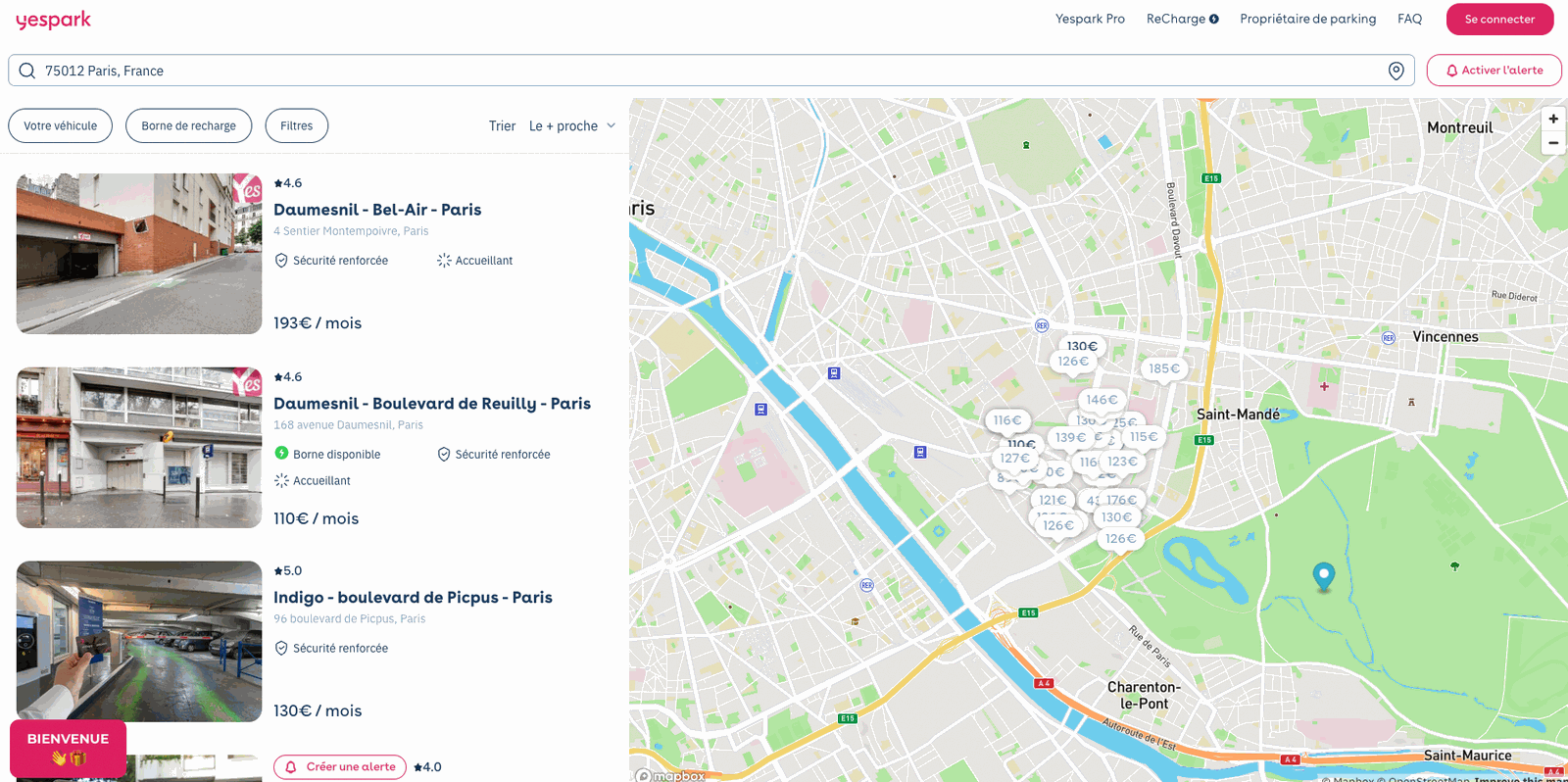 Web de Yespark: búsqueda alrededor de París 12, lista de parkings y mapa de precios mensuales