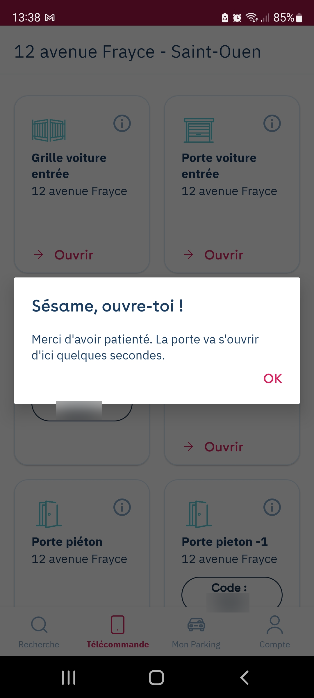 Yespark app: Remote control tab, “Open sesame” message confirming the door is opening