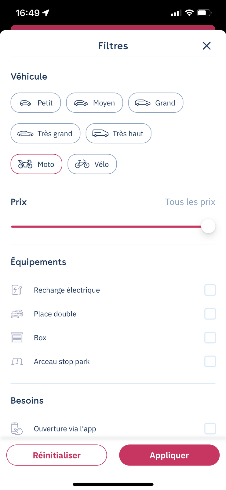 Yespark-App: Suchfilter, Fahrzeugtyp Motorrad ausgewählt