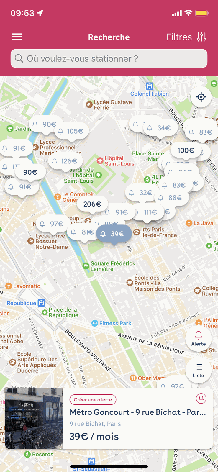 App Yespark: pantalla Buscar, mapa de los parkings con su precio mensual y ficha del parking seleccionado