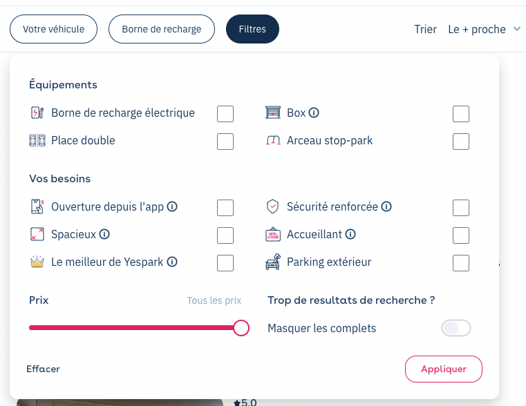Web de Yespark: panel Filtros de la búsqueda con equipamientos, necesidades, precio y Ocultar los completos