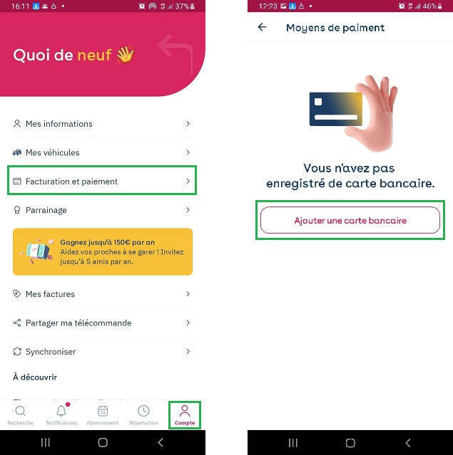 Aplicação Yespark: Account, Payment e, depois, o botão Add a credit card assinalado com um círculo