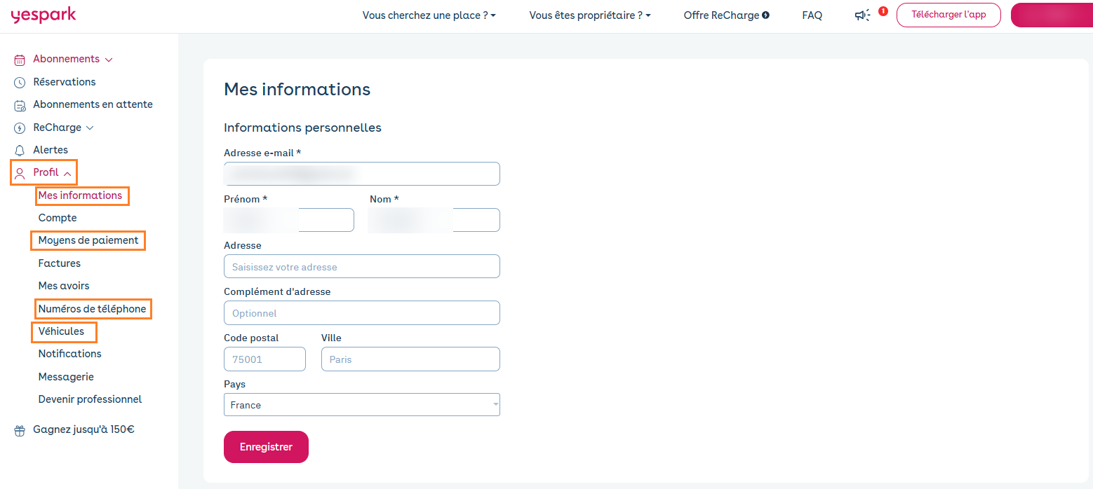 Online account: Profile, My information page with email, name and address, menu sections highlighted