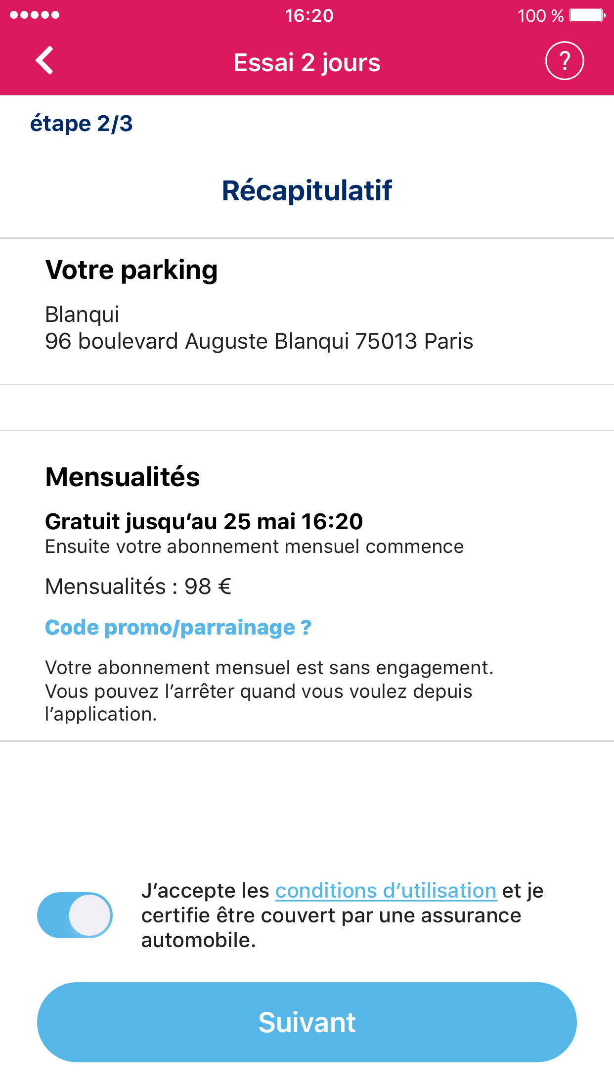 Yespark app, old version: subscription summary, step 2/3, Promo code/Referral link