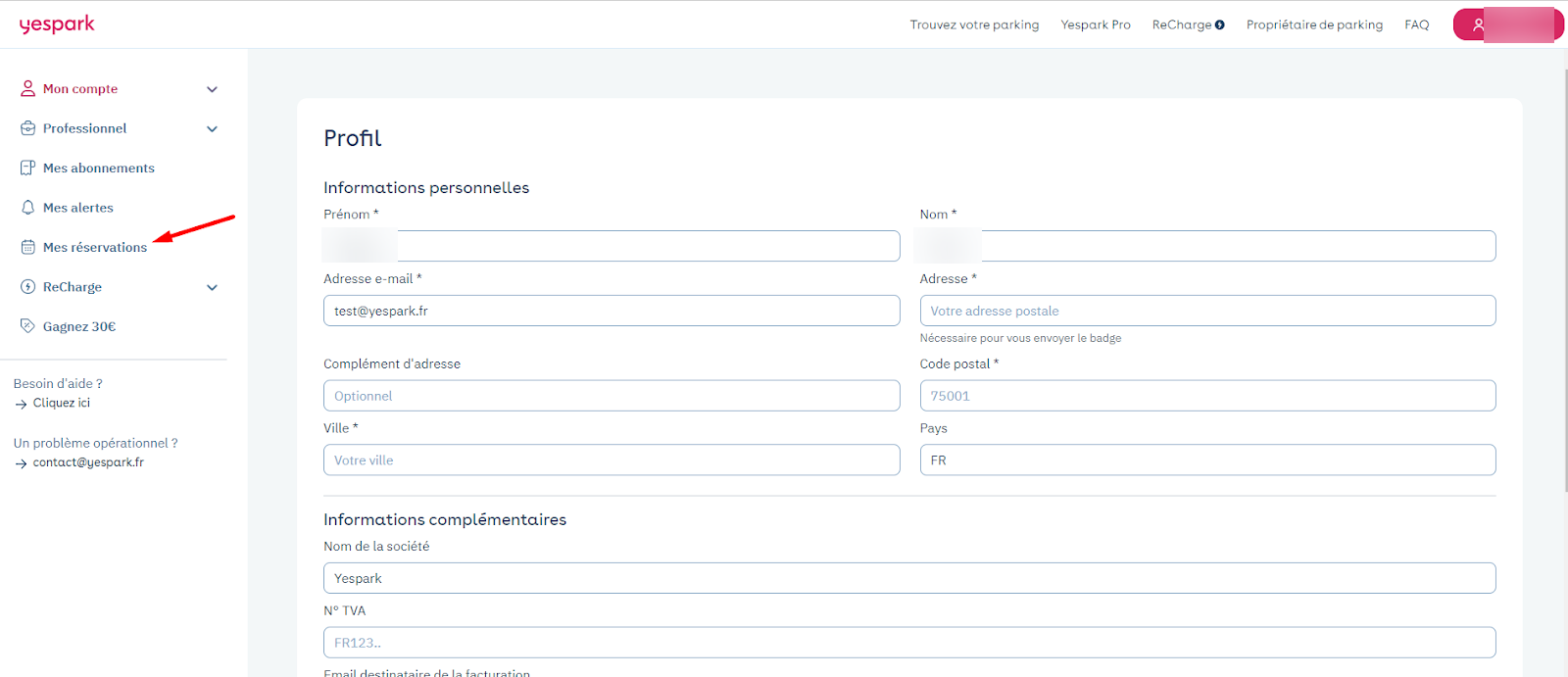 Web customer account: account menu with an arrow pointing to My bookings