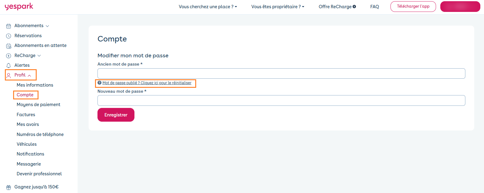 Área de cliente web: Perfil > Cuenta, enlace ¿Ha olvidado su contraseña? Haga clic aquí para restablecerla resaltado