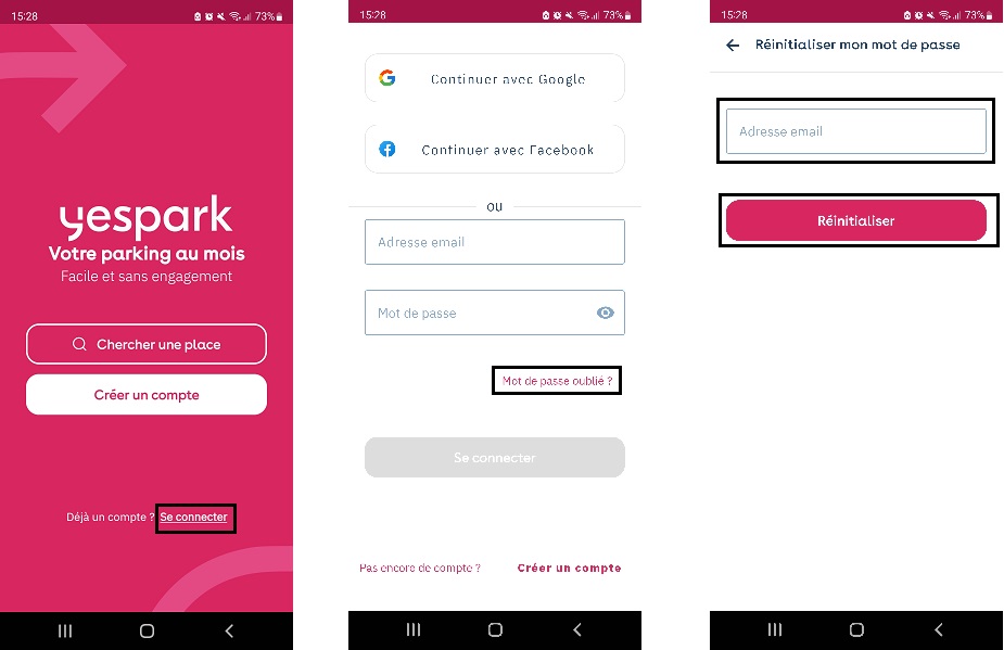Yespark app: Log in, Forgot password?, then entering your email and the Reset button