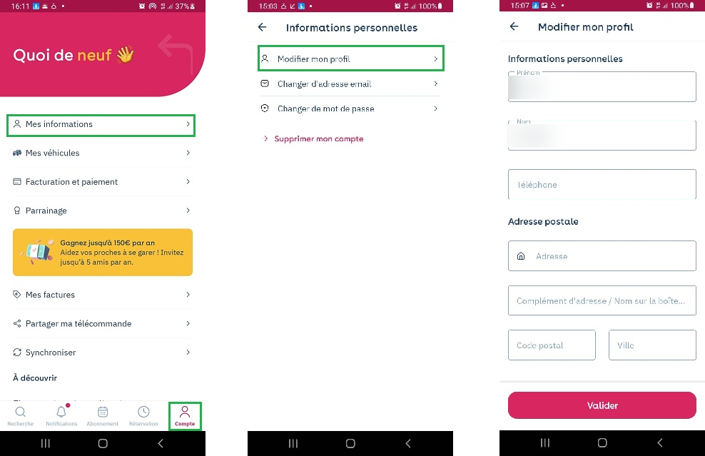 App Yespark: Mi cuenta, Mis datos, Modificar mi perfil y, después, el formulario de datos personales