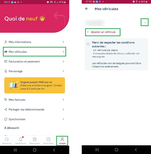 Yespark app: Account tab, My vehicles, then Add a vehicle, highlighted