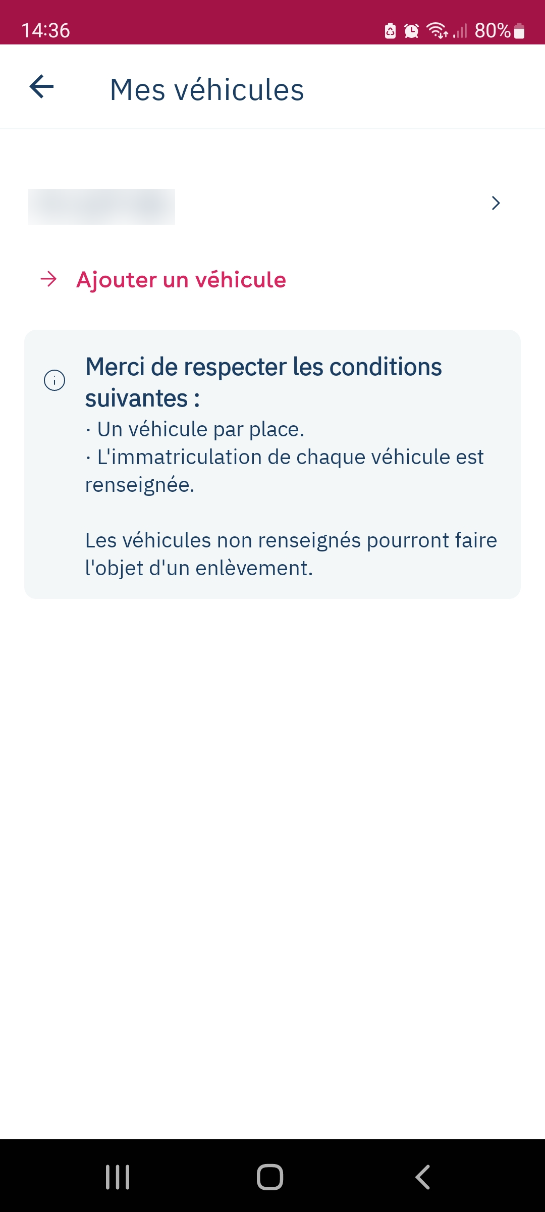 Yespark-App: Meine Fahrzeuge, Link zum Hinzufügen eines Fahrzeugs und Hinweis, dass nur ein Fahrzeug pro Platz erlaubt ist