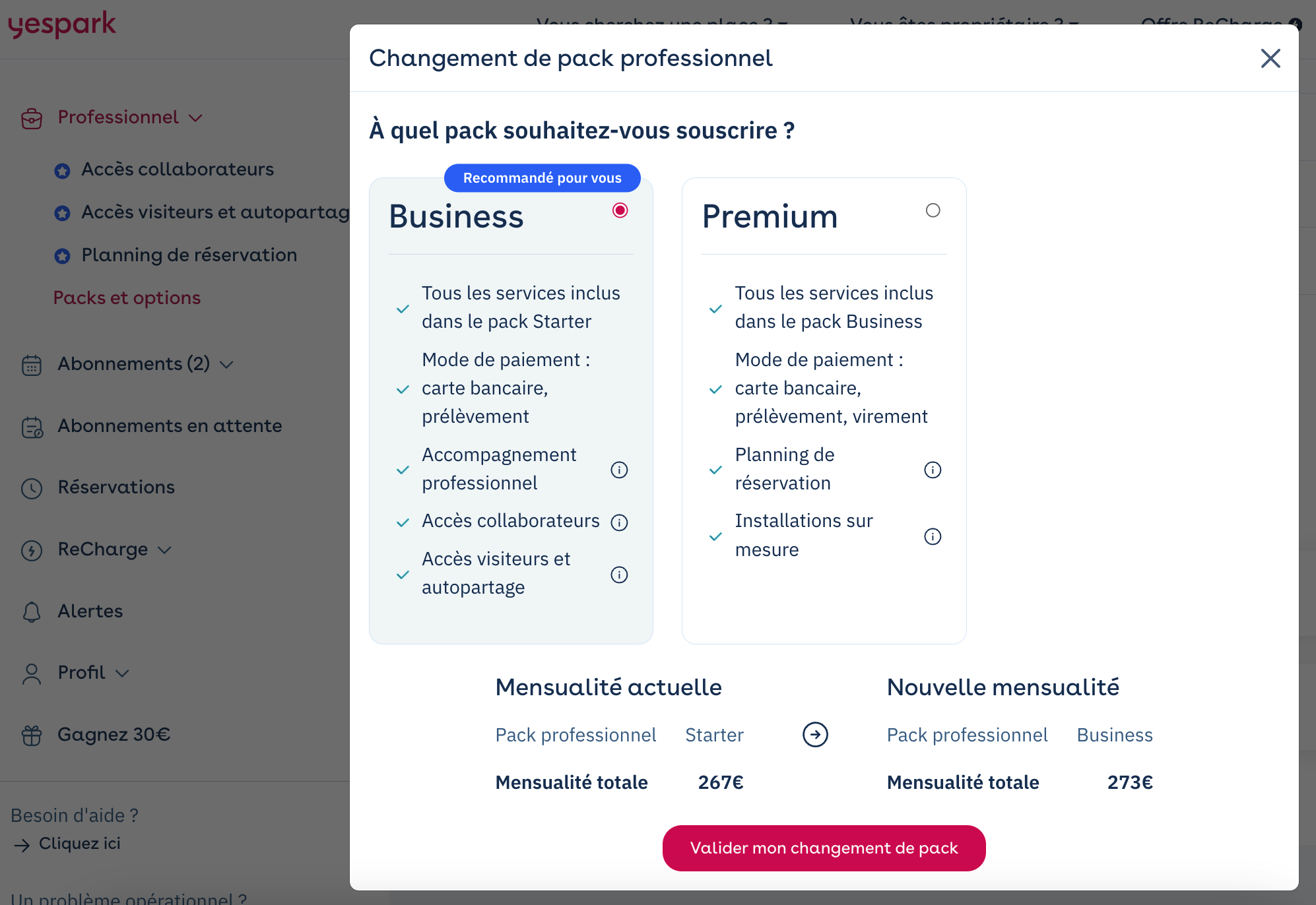 Área profissional Yespark: janela Changement de pack professionnel (mudança de pack profissional), escolha entre Business ou Premium e nova mensalidade