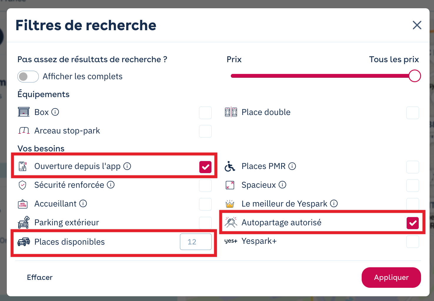 Yespark website: search filters with Opening via app, Available spots and Car sharing allowed highlighted