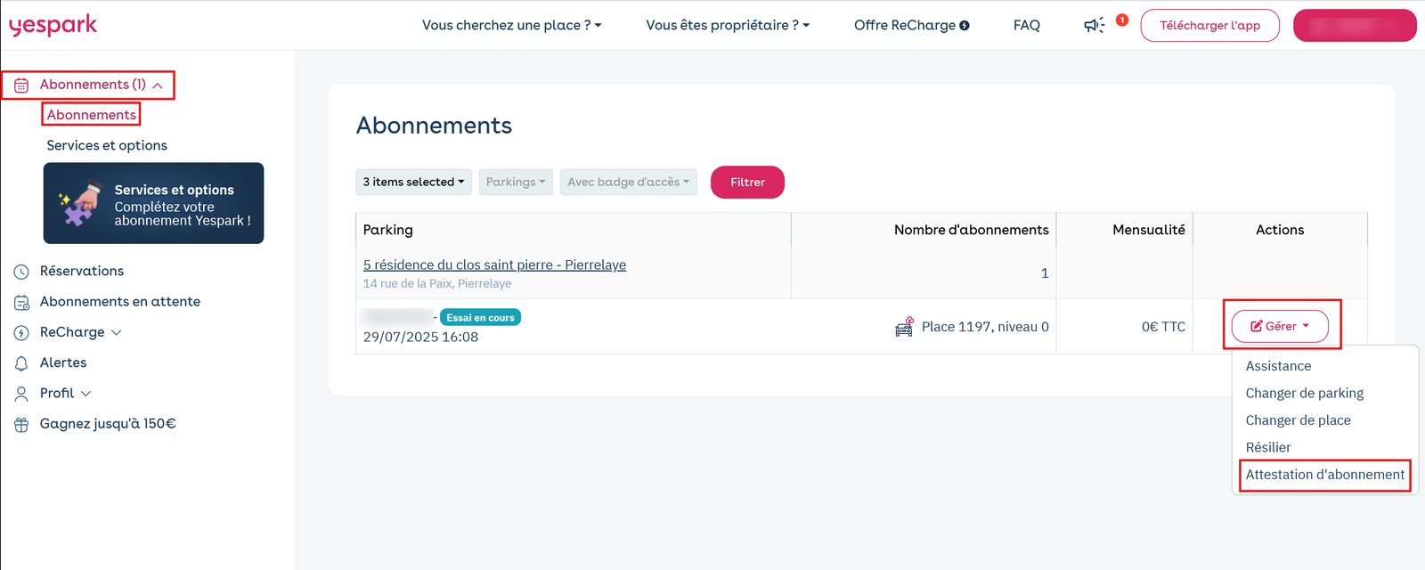 Área de cliente web: lista de abonos, menú Gestionar abierto en Certificado de abono