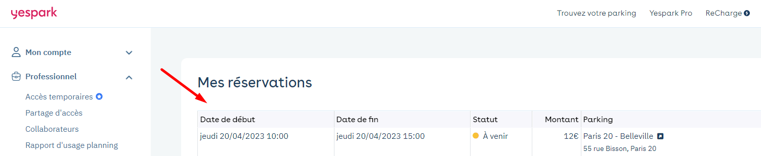 Web customer account: My bookings page, an arrow points to the table of dates, status and parking garage