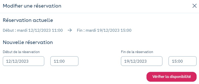 Edit a booking window: current dates, new dates and Check availability button