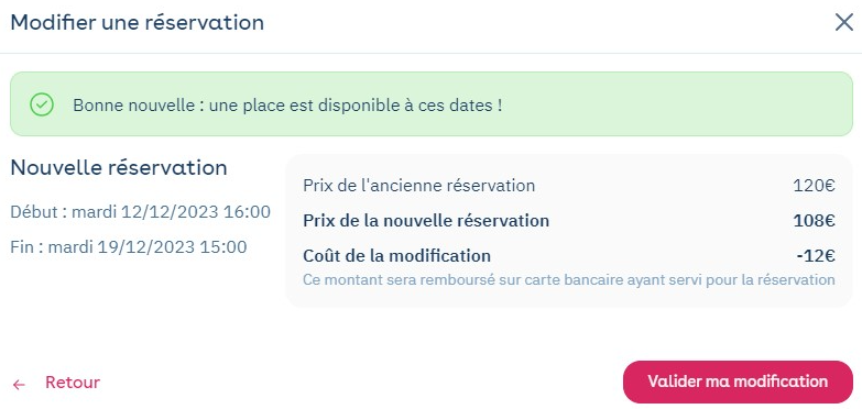 Edit a booking window: new dates, price difference and Confirm my change button