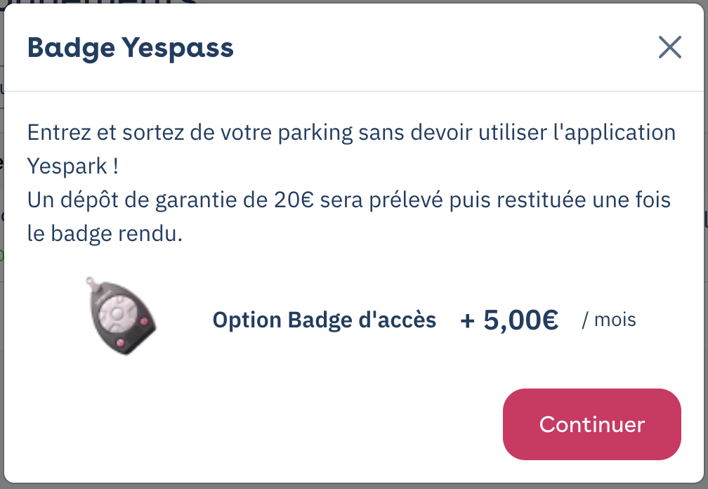 Fenster Badge Yespass: Option Zugangsbadge für 5 € pro Monat mit Kaution, Schaltfläche Weiter