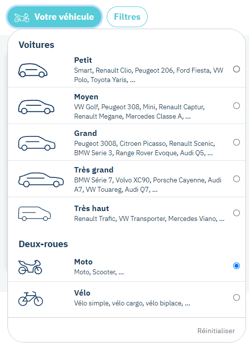 Búsqueda de Yespark: filtro Su vehículo con la opción Moto seleccionada en el apartado Dos ruedas