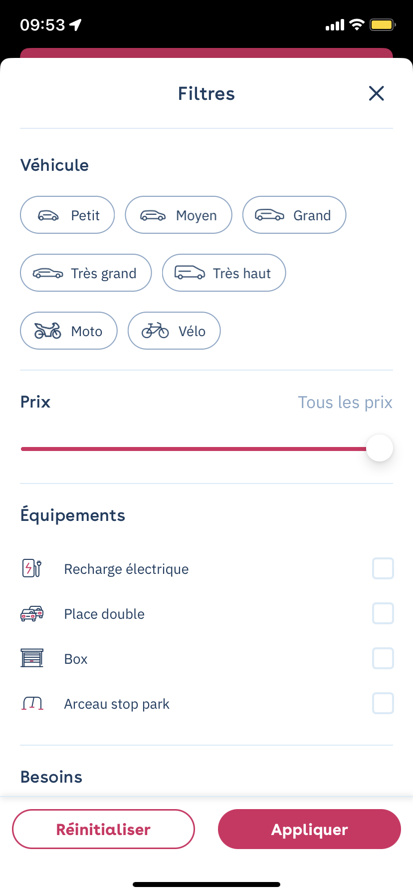 Yespark-App: Bereich Filter der Suche mit Fahrzeugtyp, Preis und Ausstattung