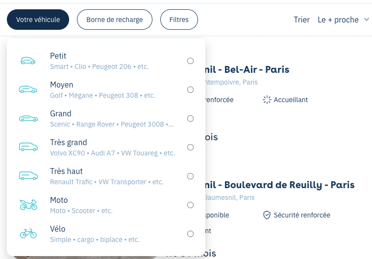 Pesquisa Yespark: menu Votre véhicule (o seu veículo) para escolher o tamanho do automóvel, uma mota ou uma bicicleta