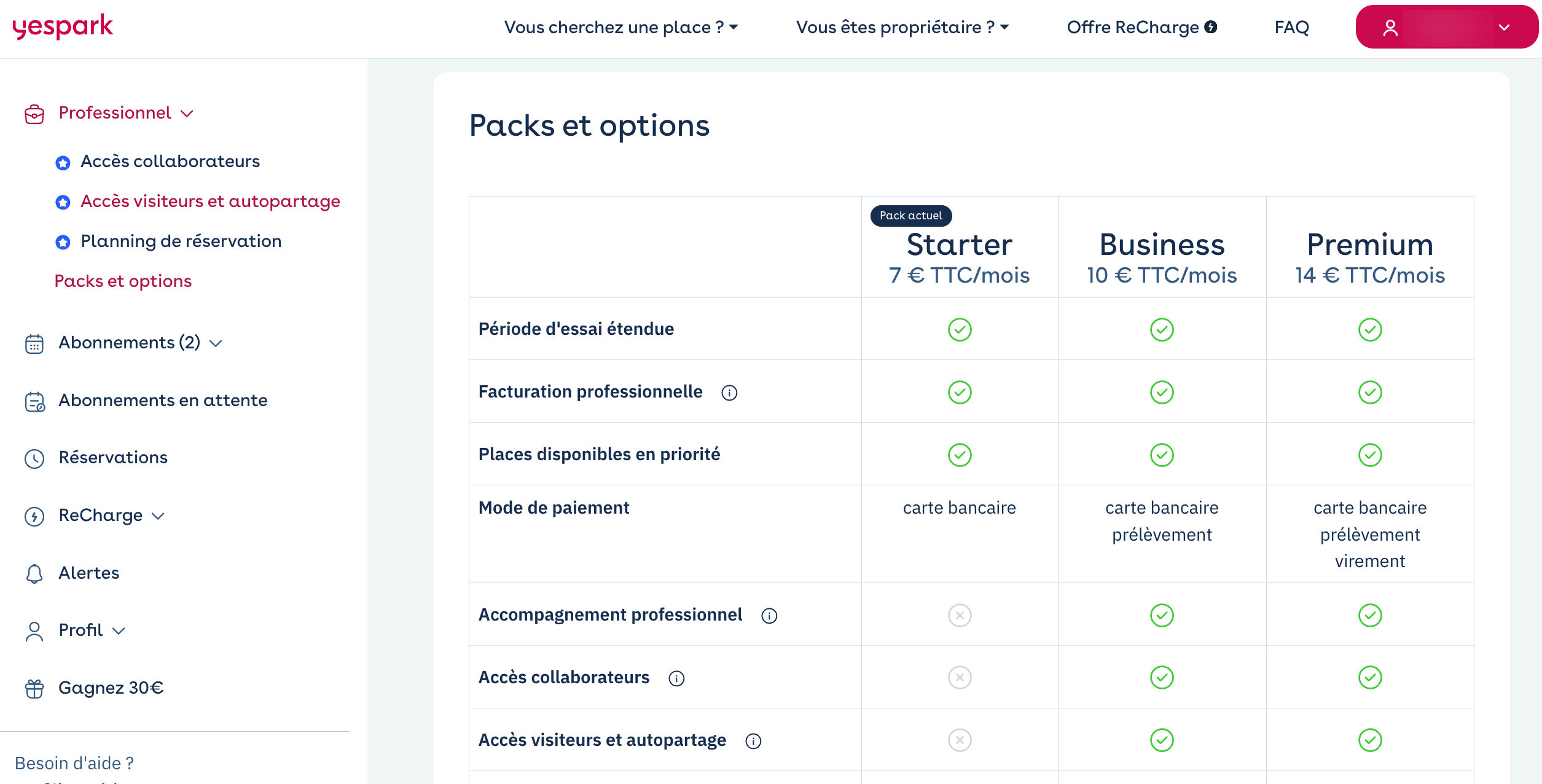 Business customer account: Plans and options page, comparison of the Starter, Business and Premium plans