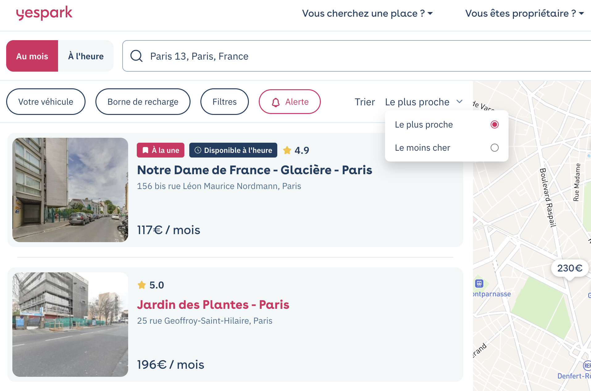 Site Yespark: resultados de pesquisa com o menu Trier (ordenar) aberto em Le plus proche (o mais próximo) ou Le moins cher (o mais barato)
