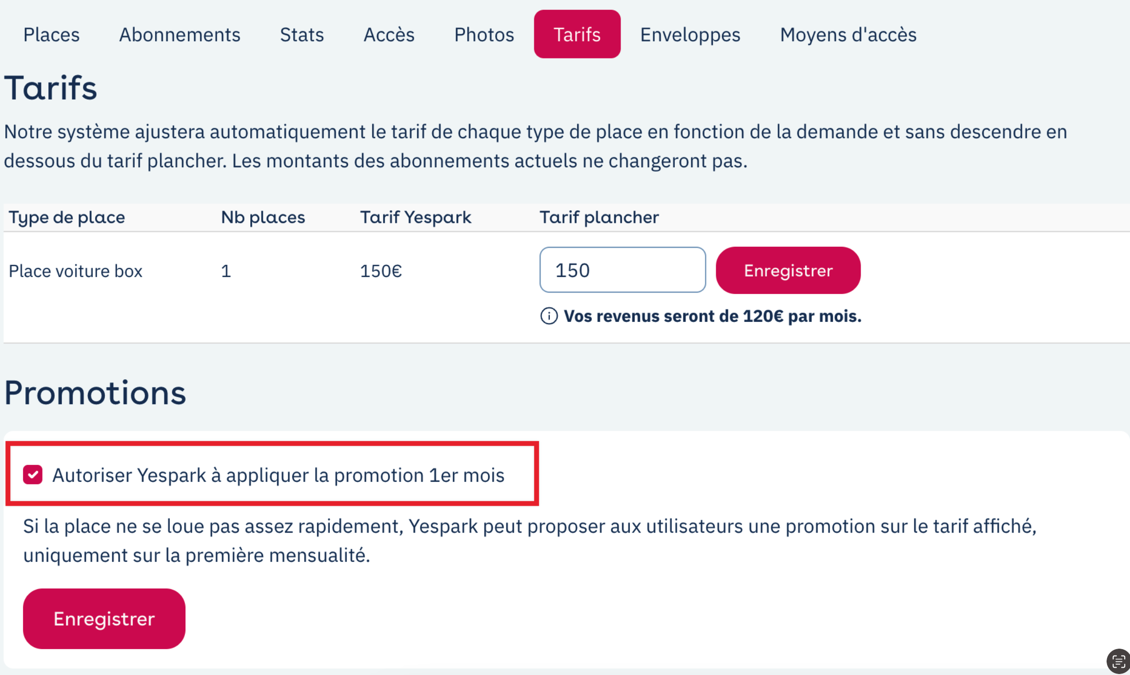 Eigentümerbereich, Tab Tarifs: Mindestpreis und Kästchen Autoriser Yespark à appliquer la promotion 1er mois (Yespark erlauben, die Aktion für den 1. Monat anzuwenden)
