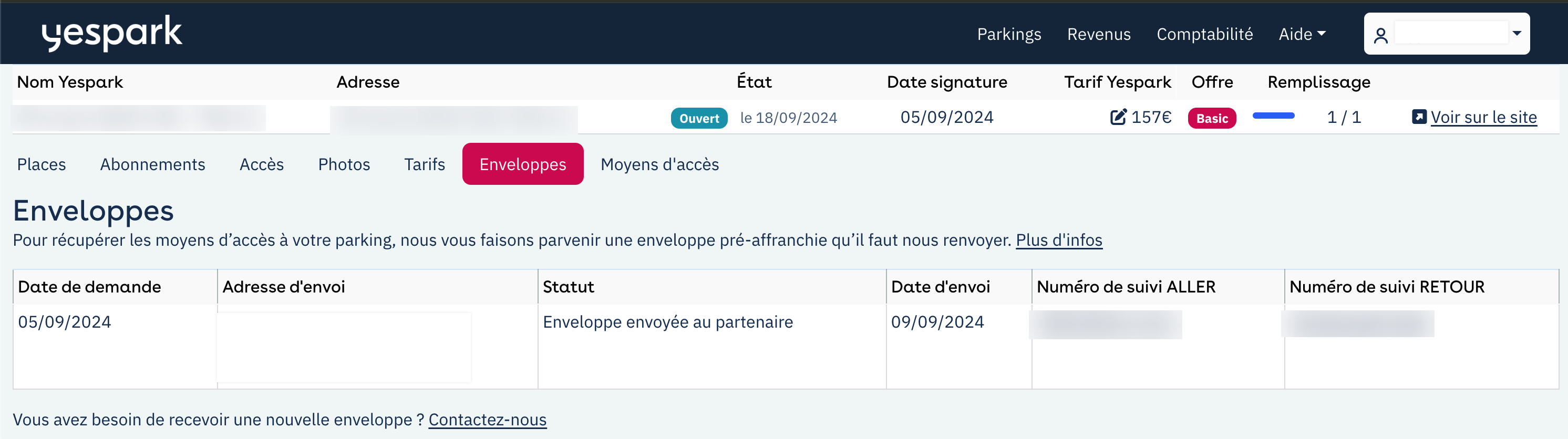 Interface de parceiros Yespark: separador Enveloppes, estado de envio e números de seguimento dos meios de acesso