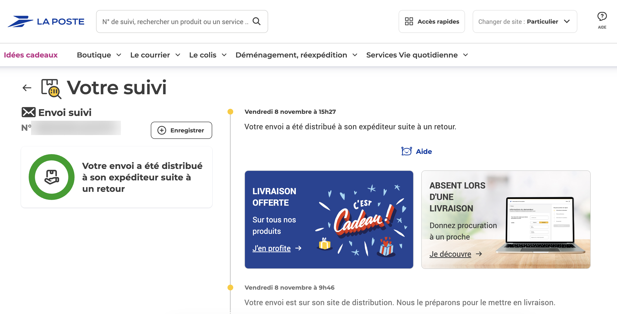Site da La Poste: seguimento de um envio registado, entregue ao remetente na sequência de uma devolução