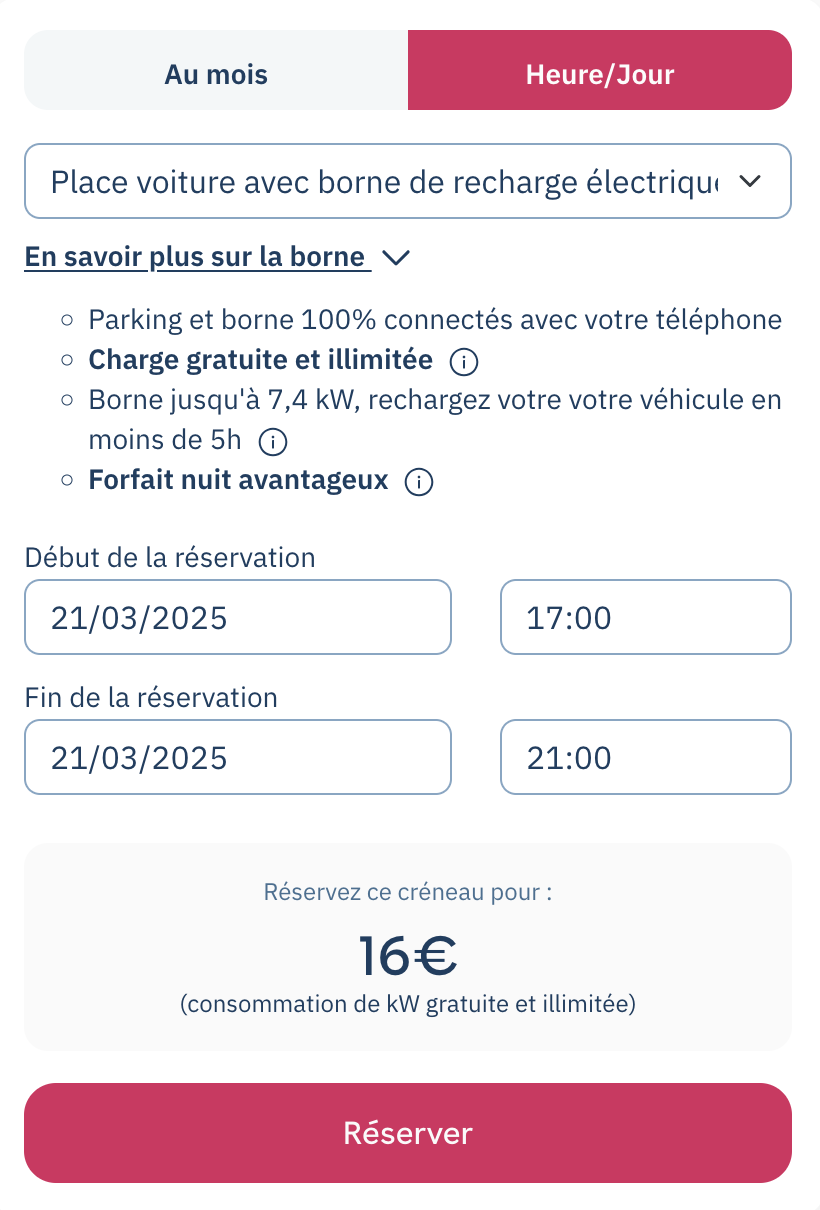 Car park page: Hour/Day tab, spot with a charging station, time slot selection, price and Book button