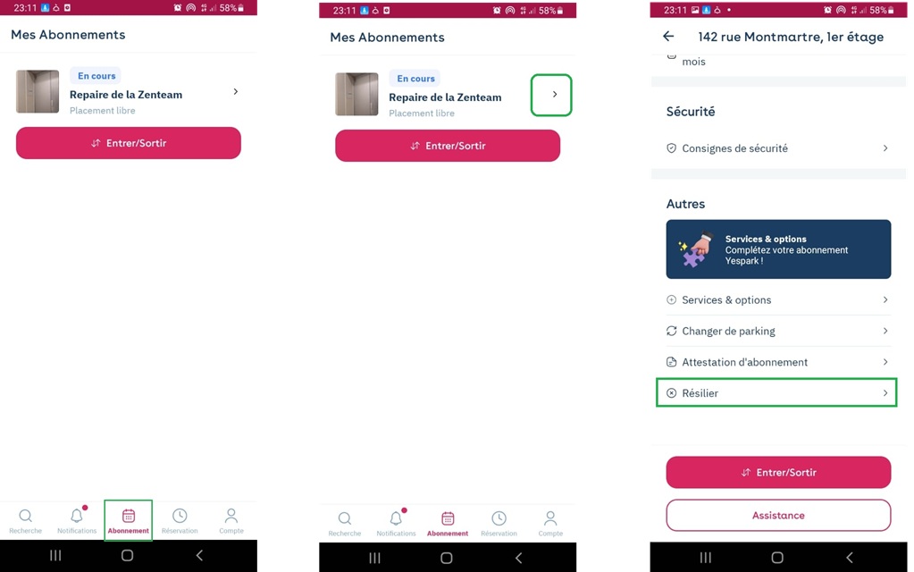 Yespark-App: Meine Abos, Detailansicht des Abos, dann die markierte Option Kündigen im Bereich Sonstiges
