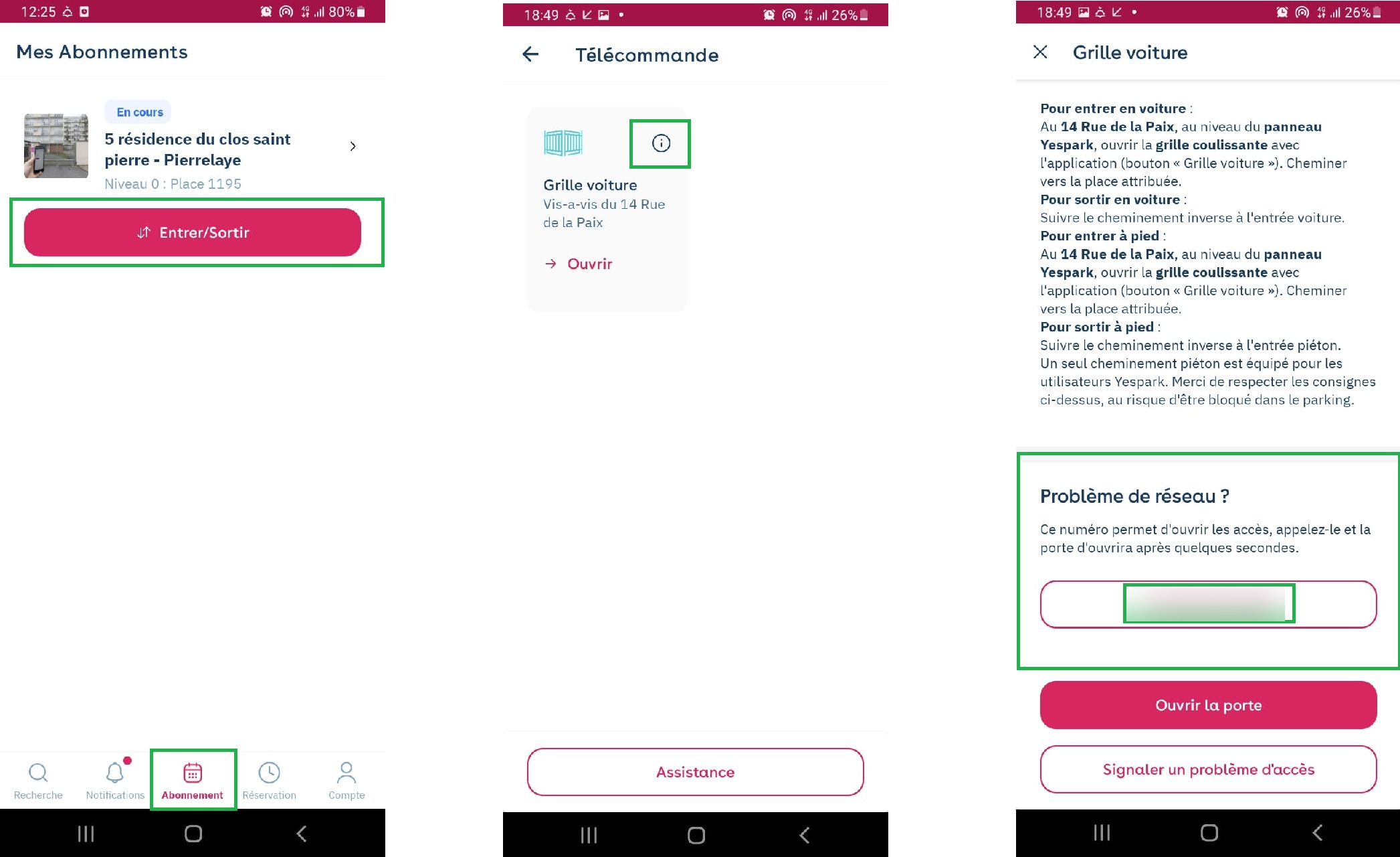 App Yespark: Entrar / Salir, detalle del acceso y recuadro ¿Problema de red? con el número que abre la puerta