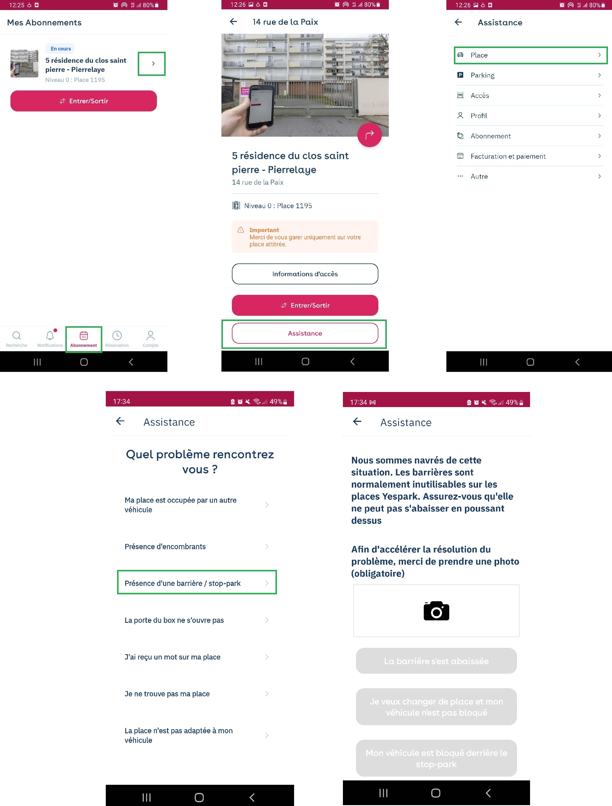 App Yespark: Asistencia, Plaza de parking y, después, Presencia de una barrera / stop-park, con foto obligatoria