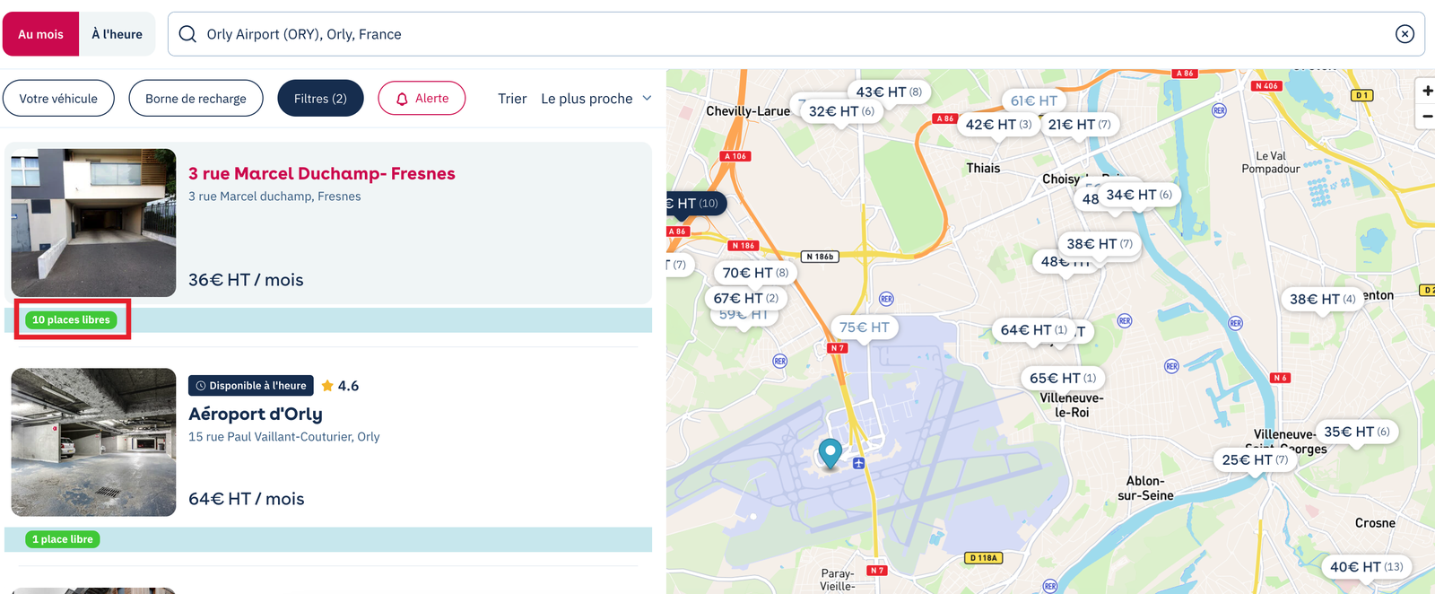 Suche für Geschäftskunden auf der Website: Parkings und Karte mit Nettopreisen, Markierung mit der Anzahl freier Plätze eingekreist