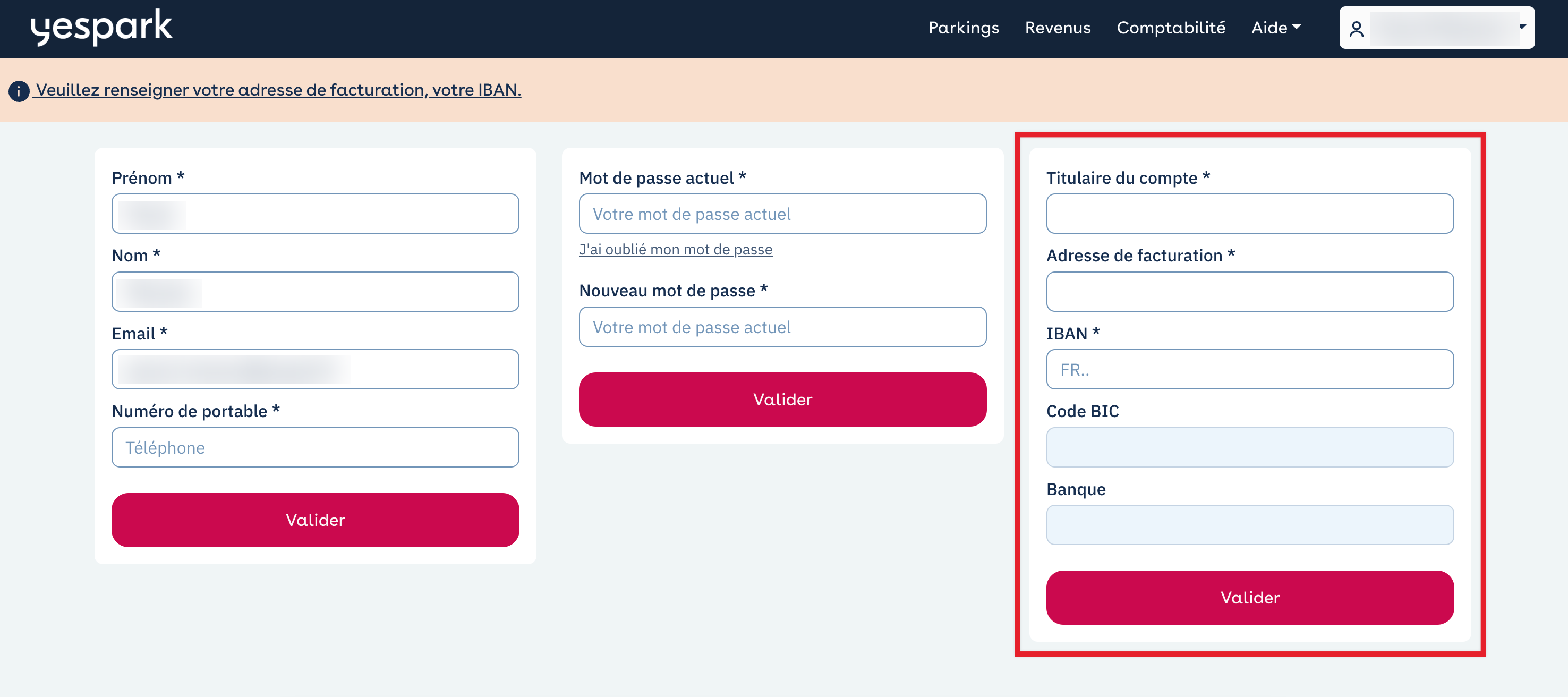 Eigentümerbereich im Web: Profil, Feld Kontoinhaber, Rechnungsadresse, IBAN und BIC