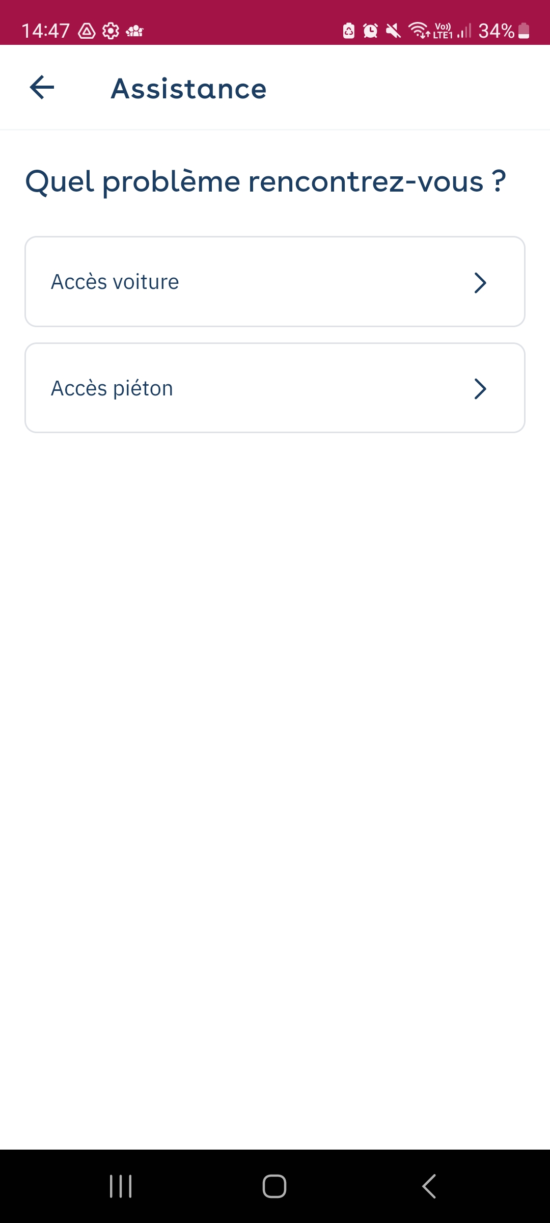 Aplicação Yespark: ecrã Assistance, escolha entre acesso de viaturas e acesso pedonal
