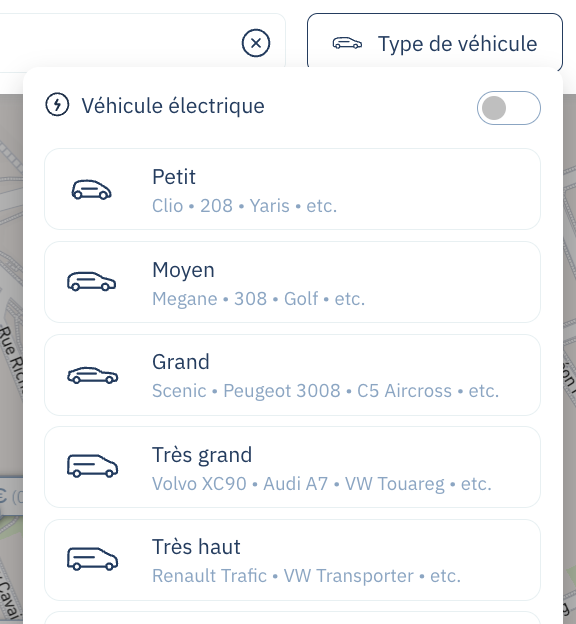 Pesquisa Yespark: filtro de tipo de veículo, dimensões de pequeno a muito alto com exemplos de modelos