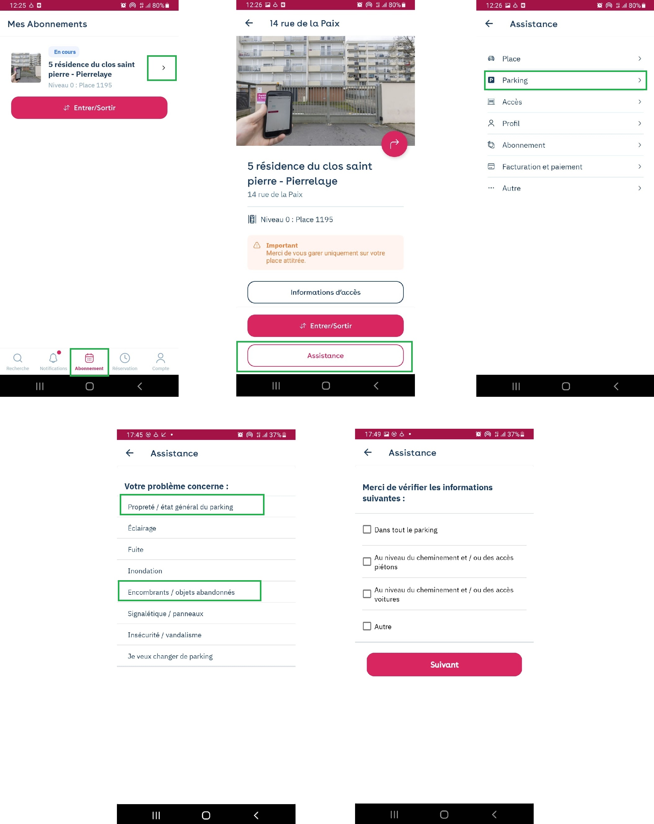 App Yespark: avisar de un parking sucio desde Asistencia, Parking y, después, Limpieza u Objetos voluminosos
