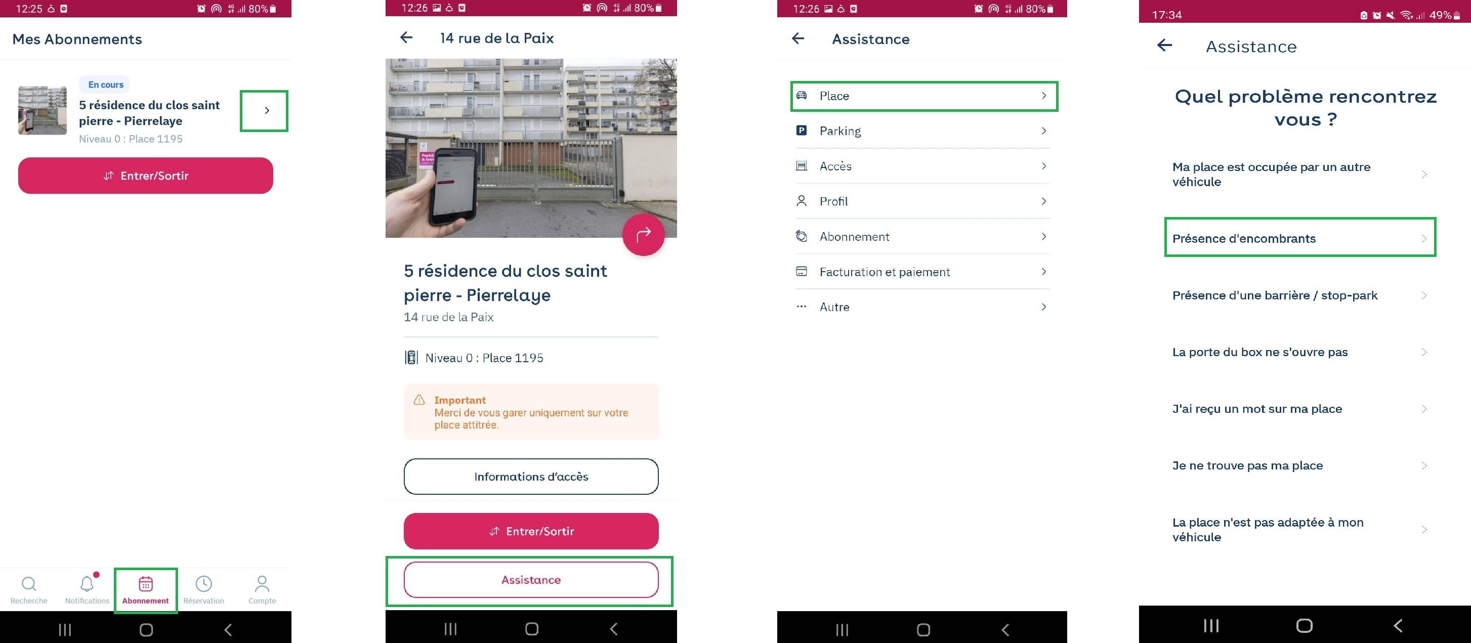 App Yespark: de Mis abonos a Asistencia, después Plaza y Presencia de objetos voluminosos, pasos marcados con un círculo