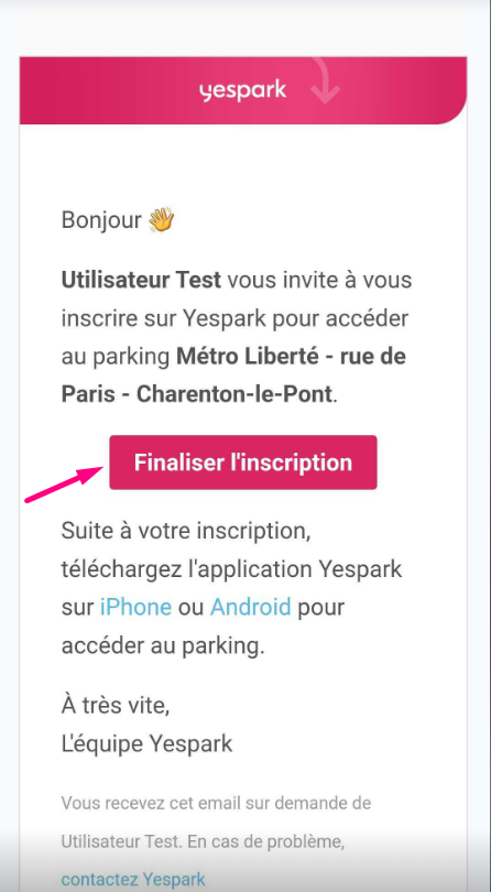 Einladungs-E-Mail zu einem Yespark-Parking, Pfeil auf die Schaltfläche Registrierung abschließen