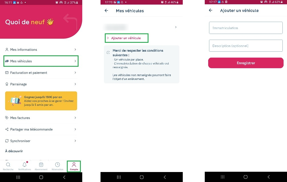 Aplicação Yespark: conta, os meus veículos e, depois, formulário para adicionar um veículo com o campo da matrícula
