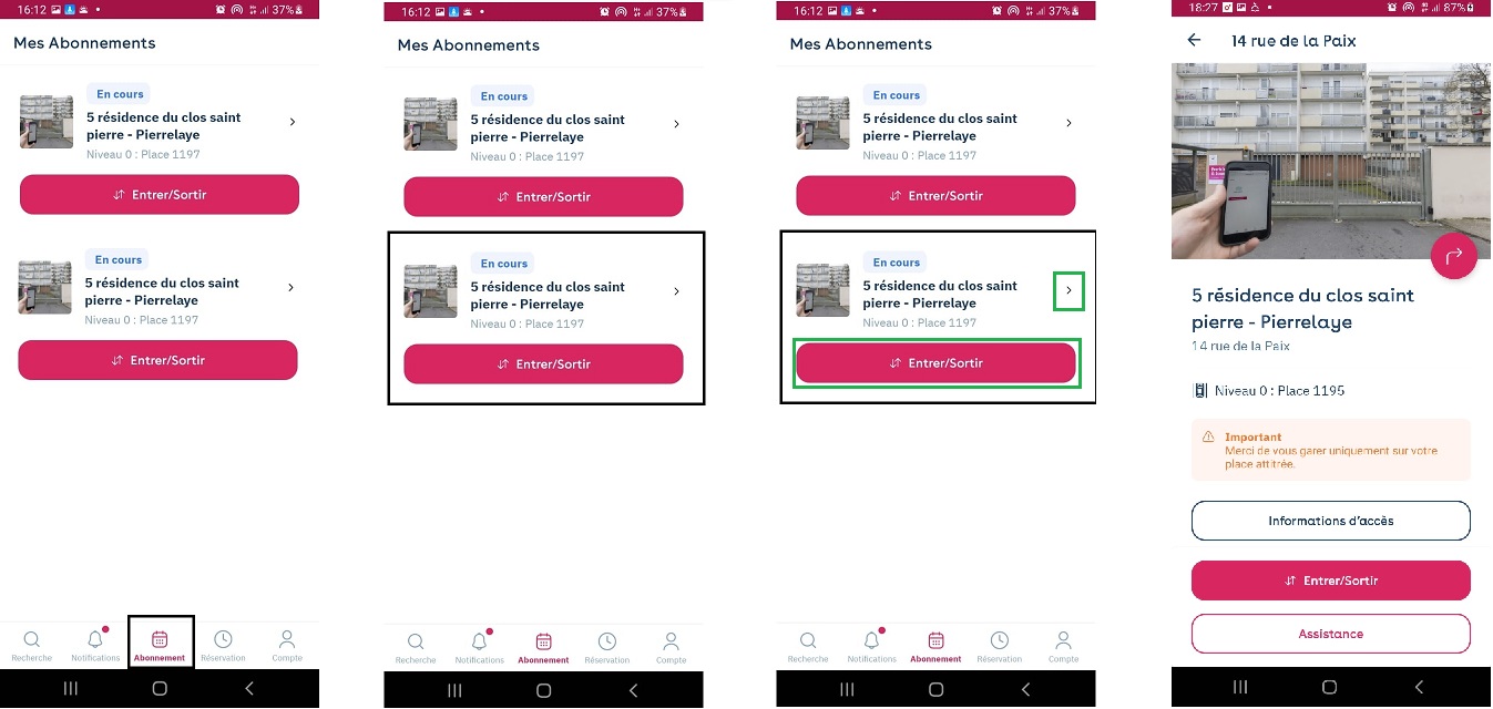 App Yespark: «Mis abonos» con dos abonos en el mismo parking, cada uno con su botón «Entrar» / «Salir»
