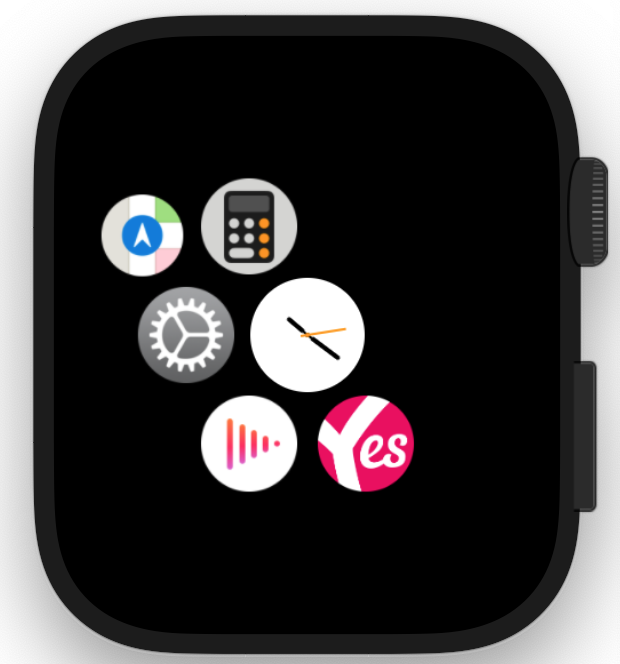 Smartwatch showing its apps, including the Yespark icon