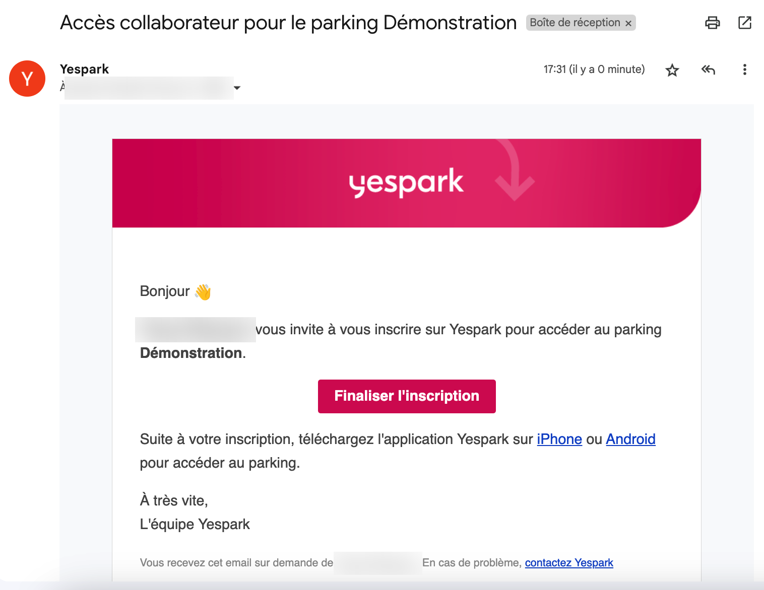 Yespark-E-Mail Mitarbeiterzugang: Einladung zur Registrierung für den Zugang zum Parking, Schaltfläche Registrierung abschließen