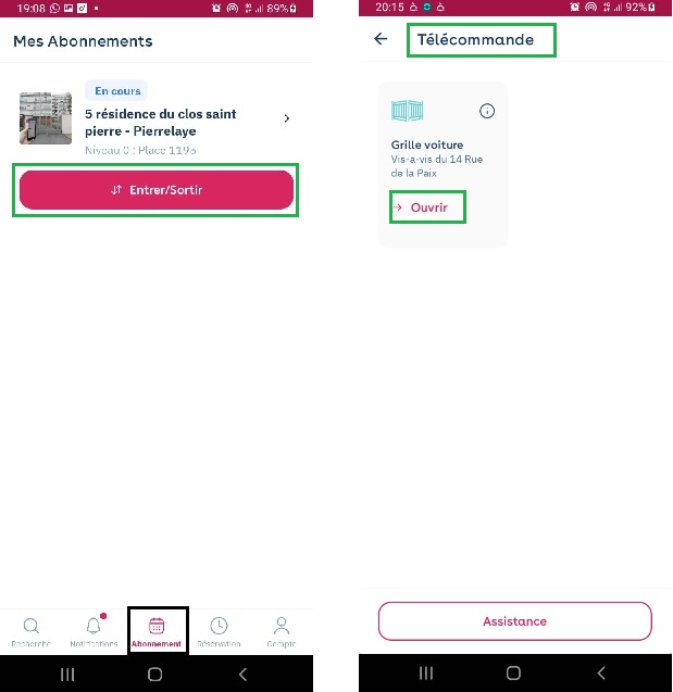Aplicação Yespark: botão Enter/Exit da assinatura e, depois, comando e botão Open assinalados