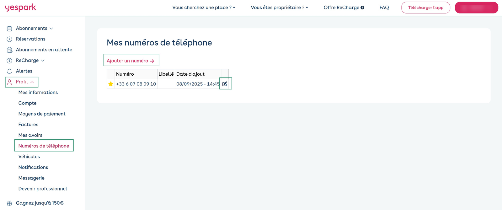 Kundenbereich im Web: Profil, Telefonnummern, eingekreiste Schaltflächen zum Hinzufügen und Bearbeiten einer Nummer