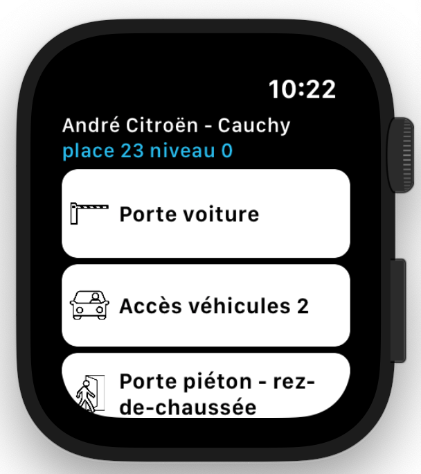 Smartwatch: Yespark-App mit den Buttons zum Öffnen der Tore des Parkings