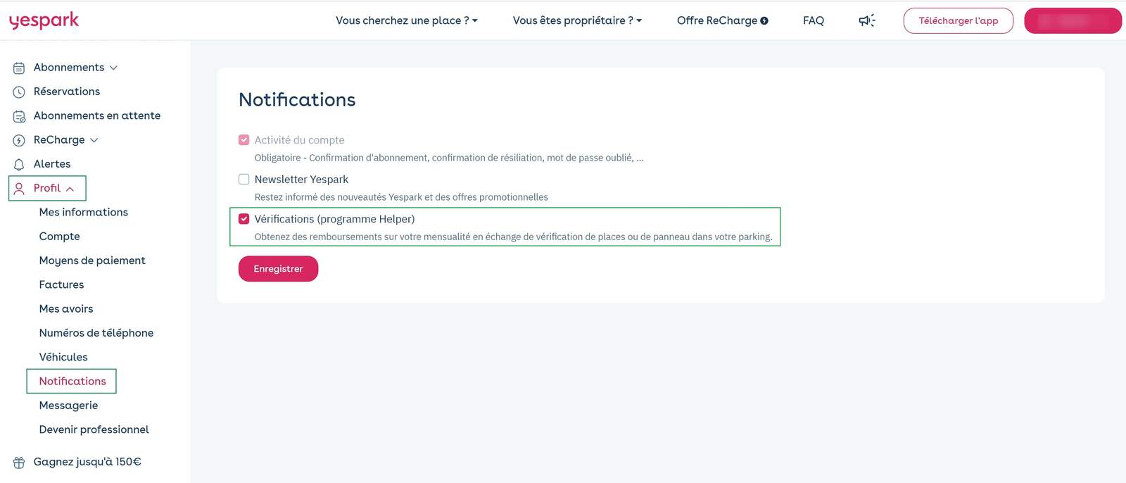 Web-Kundenbereich: Profil, Benachrichtigungen, Kästchen Überprüfungen (Helper-Programm) angehakt und markiert