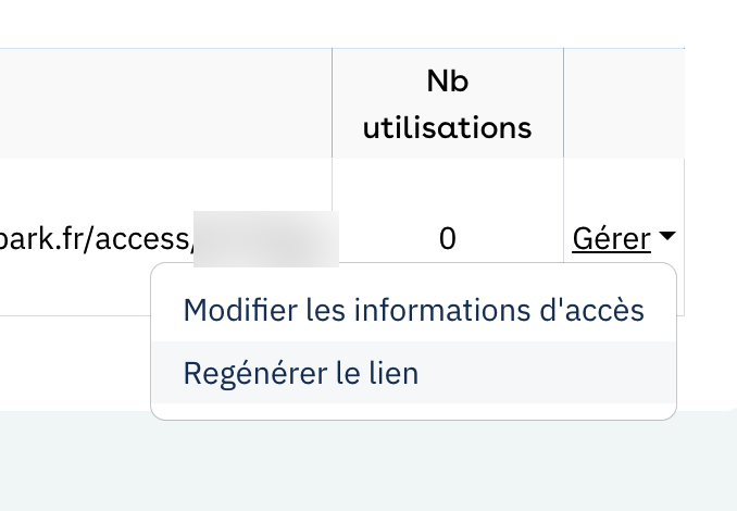 Yespark-Geschäftsbereich: Zugangslink für Besucher, Menü Verwalten mit Zugangsinformationen ändern und Link neu erstellen