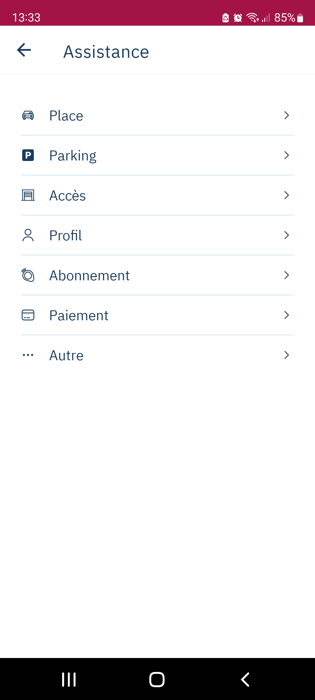 App Yespark: pantalla Asistencia con los apartados Plaza, Parking, Acceso, Perfil, Abono, Pago